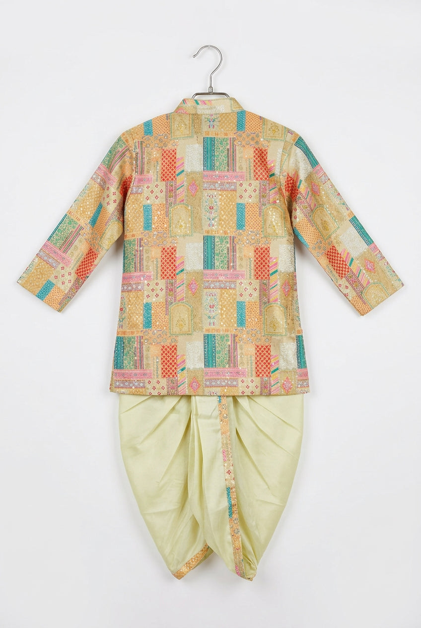 Boys’ Multicolor Printed Kurta with Cream Dhoti Set
