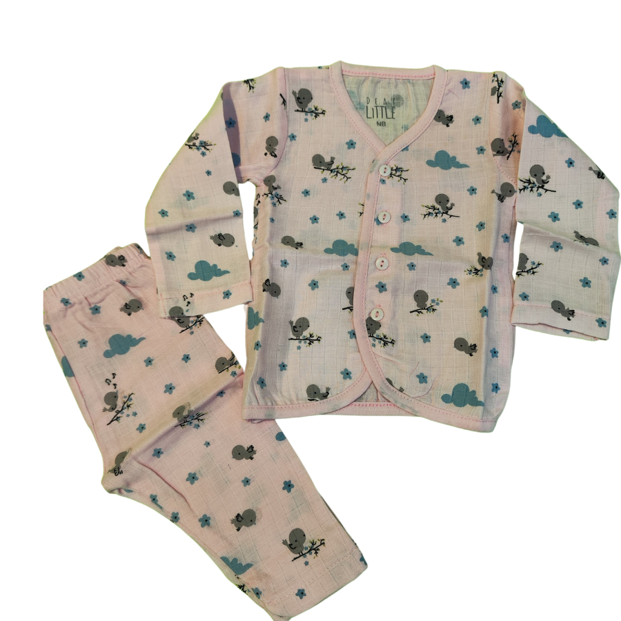 Muslin - Full sleeve vest & pant pink bird