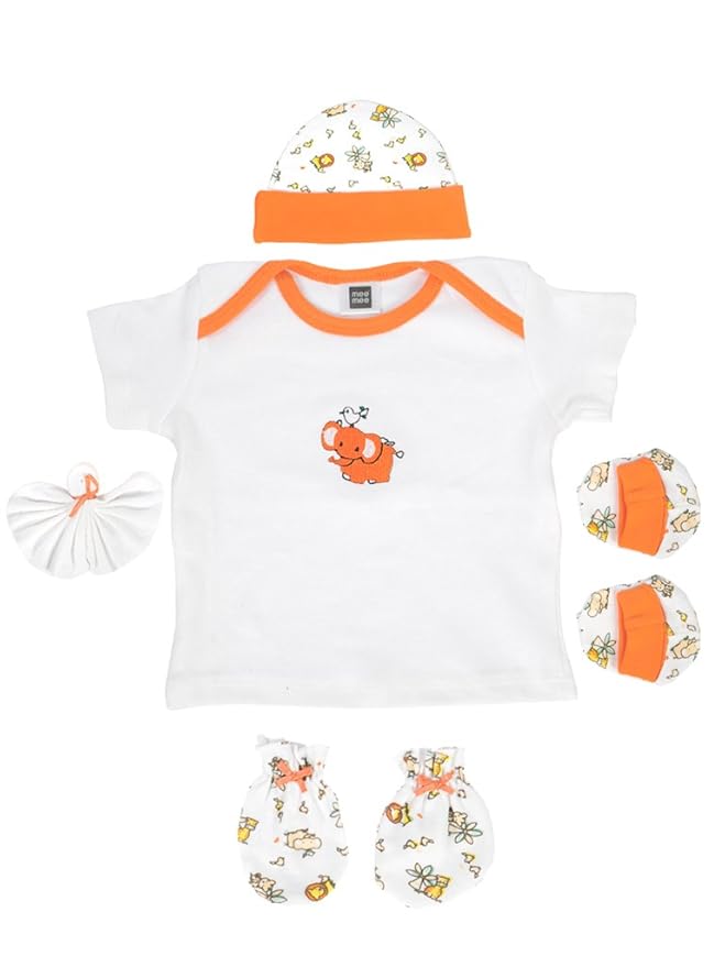 Mee Mee New Born Baby Gift Set | Soft Cotton Clothing Essentials for Infants/Baby Girls, Boys | (5 Pieces, Orange)| Ideal Gift for New Born Baby