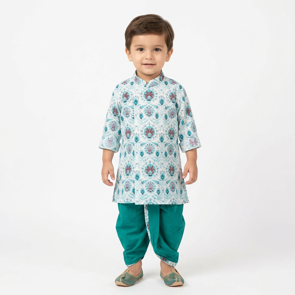 Boys’ Traditional Kurta Pajama Set in Aqua Floral Print