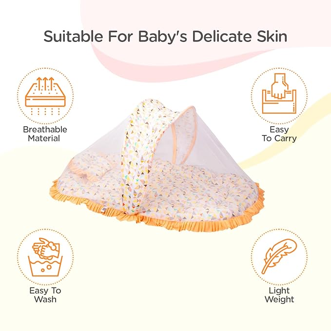 Mee Mee Soft Bed Mattress Set | with Mosquito Net, Neck Pillow & Zip Closure | 100% Cotton Newborn Baby Bedding | with Travel-Friendly Baby Bed | for 0+ Months (Orange)