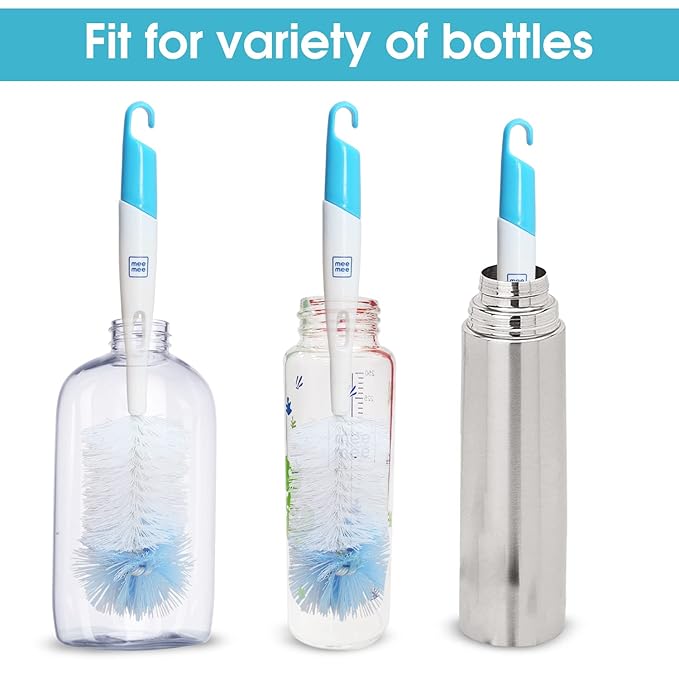 Mee Mee 360° Movable Silicone Bristle Baby Feeding Bottle & Nipple Cleaning Brush | Ergonomic Handle | Easy to Clean Bottle Corners for Narrow & Wide Neck | BPA Free, Easy Hanging Storage (Dark Blue)