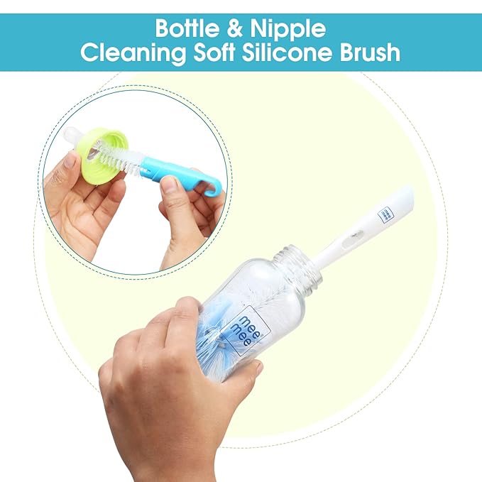 Mee Mee 360° Movable Silicone Bristle Baby Feeding Bottle & Nipple Cleaning Brush | Ergonomic Handle | Easy to Clean Bottle Corners for Narrow & Wide Neck | BPA Free, Easy Hanging Storage (Dark Blue)