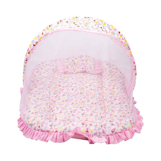 Mee Mee Soft Bed Mattress Set | with Mosquito Net, Neck Pillow & Zip Closure | 100% Cotton Newborn Baby Bedding |Travel-Friendly Baby Bed | for 0+ Months (Light Pink)