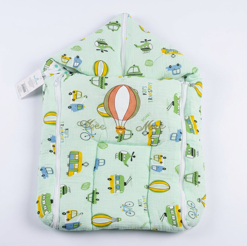 CarryNest - Mint Green Baby Sleeping Bag with Hood – Hot Air Balloon & Transport Print