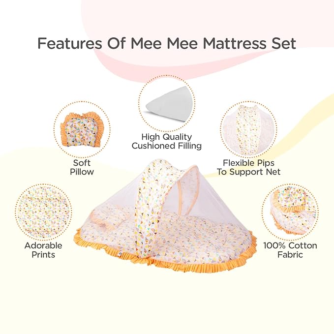 Mee Mee Soft Bed Mattress Set | with Mosquito Net, Neck Pillow & Zip Closure | 100% Cotton Newborn Baby Bedding | with Travel-Friendly Baby Bed | for 0+ Months (Orange)