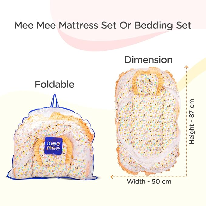 Mee Mee Soft Bed Mattress Set | with Mosquito Net, Neck Pillow & Zip Closure | 100% Cotton Newborn Baby Bedding | with Travel-Friendly Baby Bed | for 0+ Months (Orange)