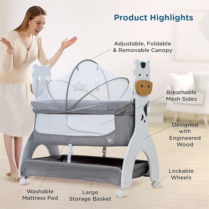 Mee Mee 2 in 1 Manual Swing Wooden Cradle Convertible Cot Bassinet for Newborn Baby with Mosquito Net & Mattress Pad, with Wheel Lock for Kids 0-18 Month Infants| Carries up to 15kgs (Grey)