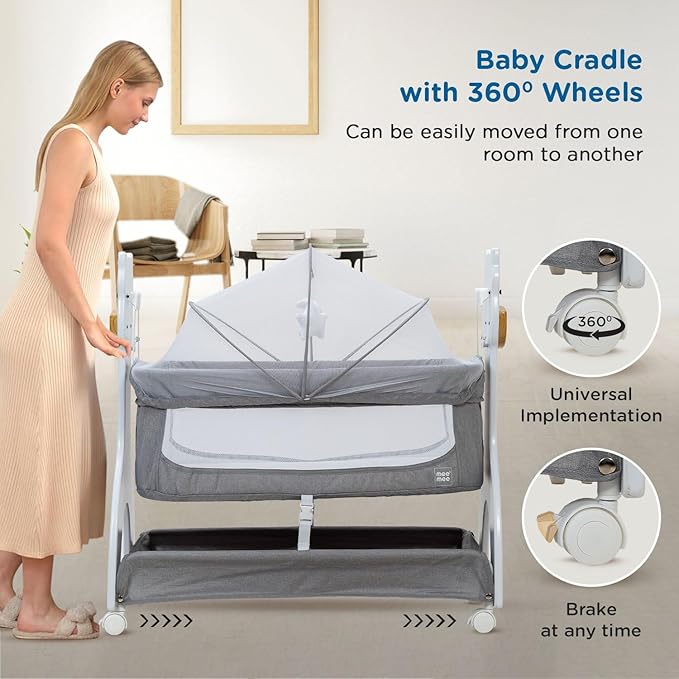 Mee Mee 2 in 1 Manual Swing Wooden Cradle Convertible Cot Bassinet for Newborn Baby with Mosquito Net & Mattress Pad, with Wheel Lock for Kids 0-18 Month Infants| Carries up to 15kgs (Grey)