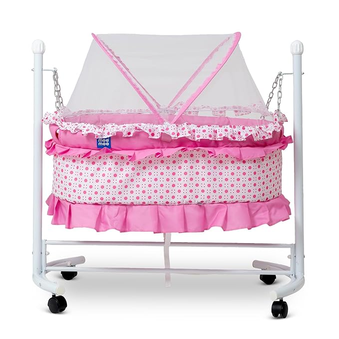 Mee Mee Bliss Bassinet Metal Baby Cradle with Mosquito Net and Storage - Comfortable and Safe Sleeping Space for Newborns to Toddlers for 0-12 Months (Pink)