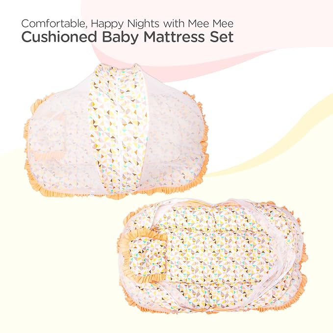 Mee Mee Soft Bed Mattress Set | with Mosquito Net, Neck Pillow & Zip Closure | 100% Cotton Newborn Baby Bedding | with Travel-Friendly Baby Bed | for 0+ Months (Orange)