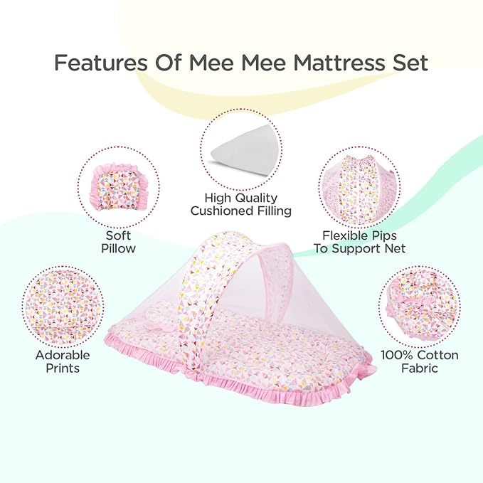 Mee Mee Soft Bed Mattress Set | with Mosquito Net, Neck Pillow & Zip Closure | 100% Cotton Newborn Baby Bedding |Travel-Friendly Baby Bed | for 0+ Months (Light Pink)