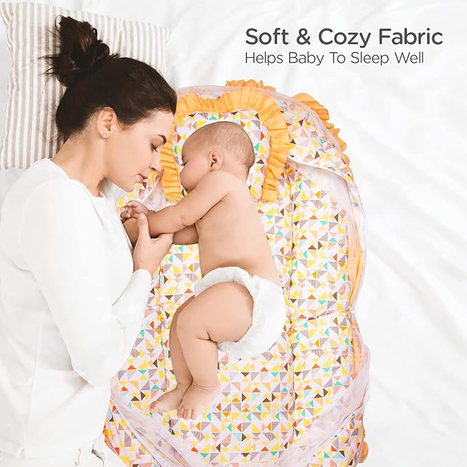 Mee Mee Soft Bed Mattress Set | with Mosquito Net, Neck Pillow & Zip Closure | 100% Cotton Newborn Baby Bedding | with Travel-Friendly Baby Bed | for 0+ Months (Orange)