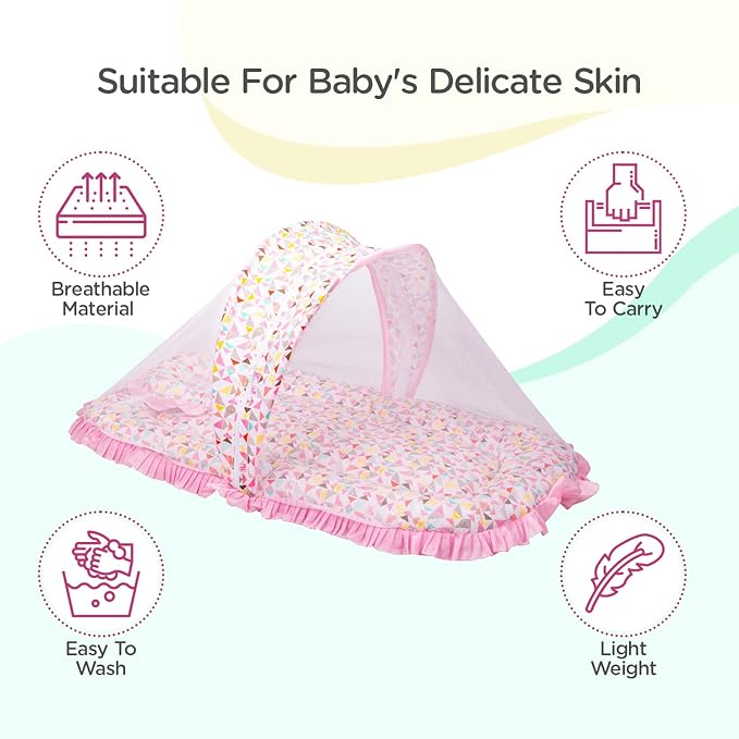 Mee Mee Soft Bed Mattress Set | with Mosquito Net, Neck Pillow & Zip Closure | 100% Cotton Newborn Baby Bedding |Travel-Friendly Baby Bed | for 0+ Months (Light Pink)