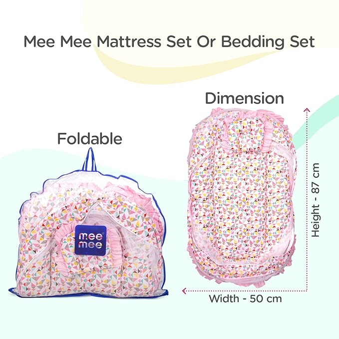 Mee Mee Soft Bed Mattress Set | with Mosquito Net, Neck Pillow & Zip Closure | 100% Cotton Newborn Baby Bedding |Travel-Friendly Baby Bed | for 0+ Months (Light Pink)