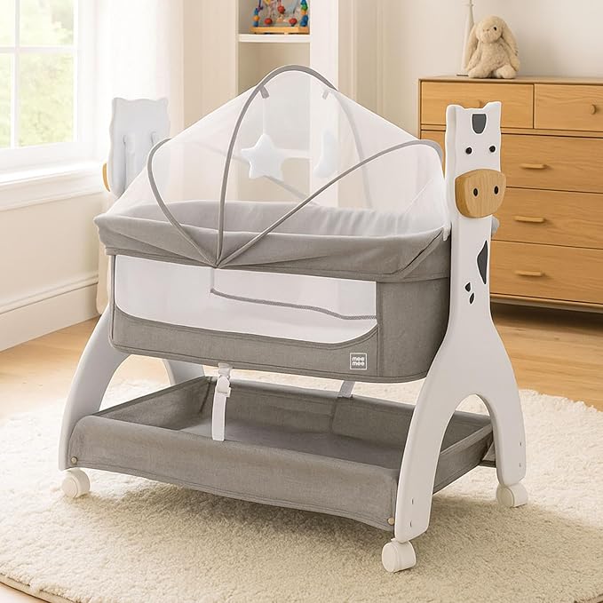 Mee Mee 2 in 1 Manual Swing Wooden Cradle Convertible Cot Bassinet for Newborn Baby with Mosquito Net & Mattress Pad, with Wheel Lock for Kids 0-18 Month Infants| Carries up to 15kgs (Grey)