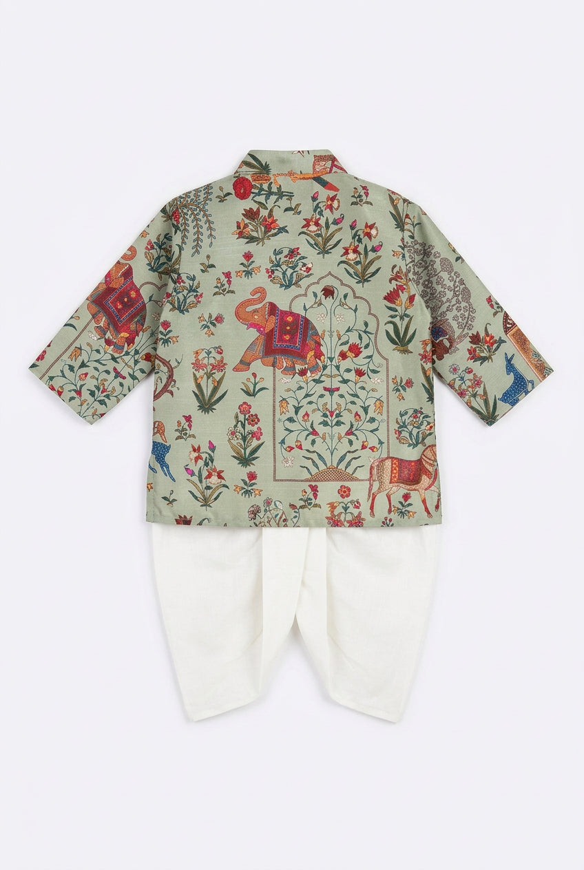 Boys Ethnic Wear Set – Sage Green Printed Kurta with White Dhoti Pants