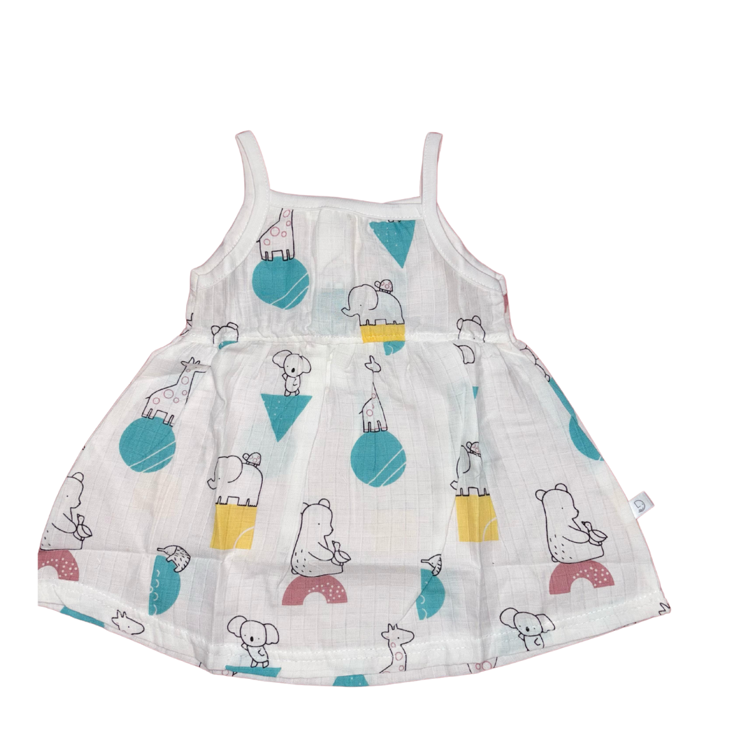 Muslin - Spaghetti Frock White (Giraffe And Elephant) Blue