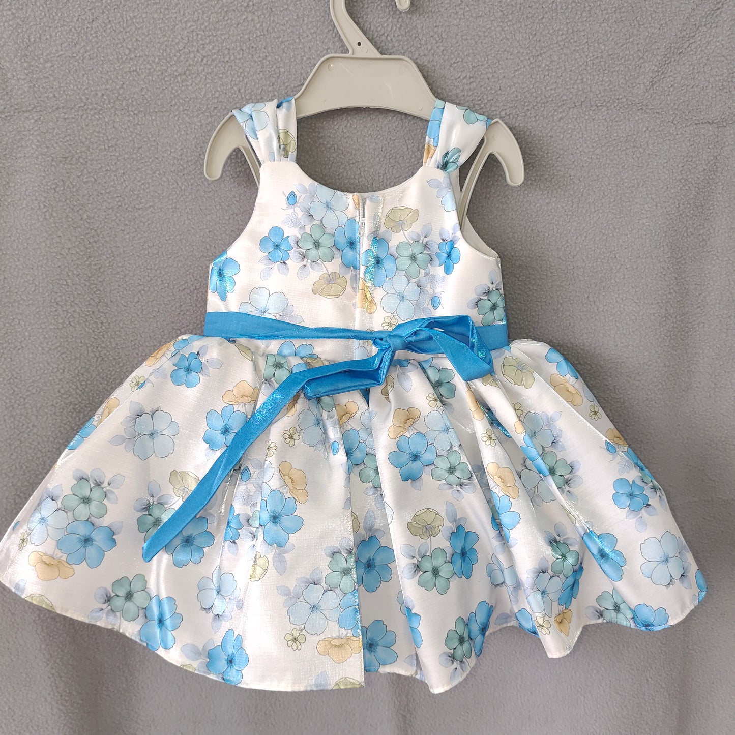 Blue Floral Party Dress – Elegant White Satin Frock with Bow Belt | NewBorn to 3Months