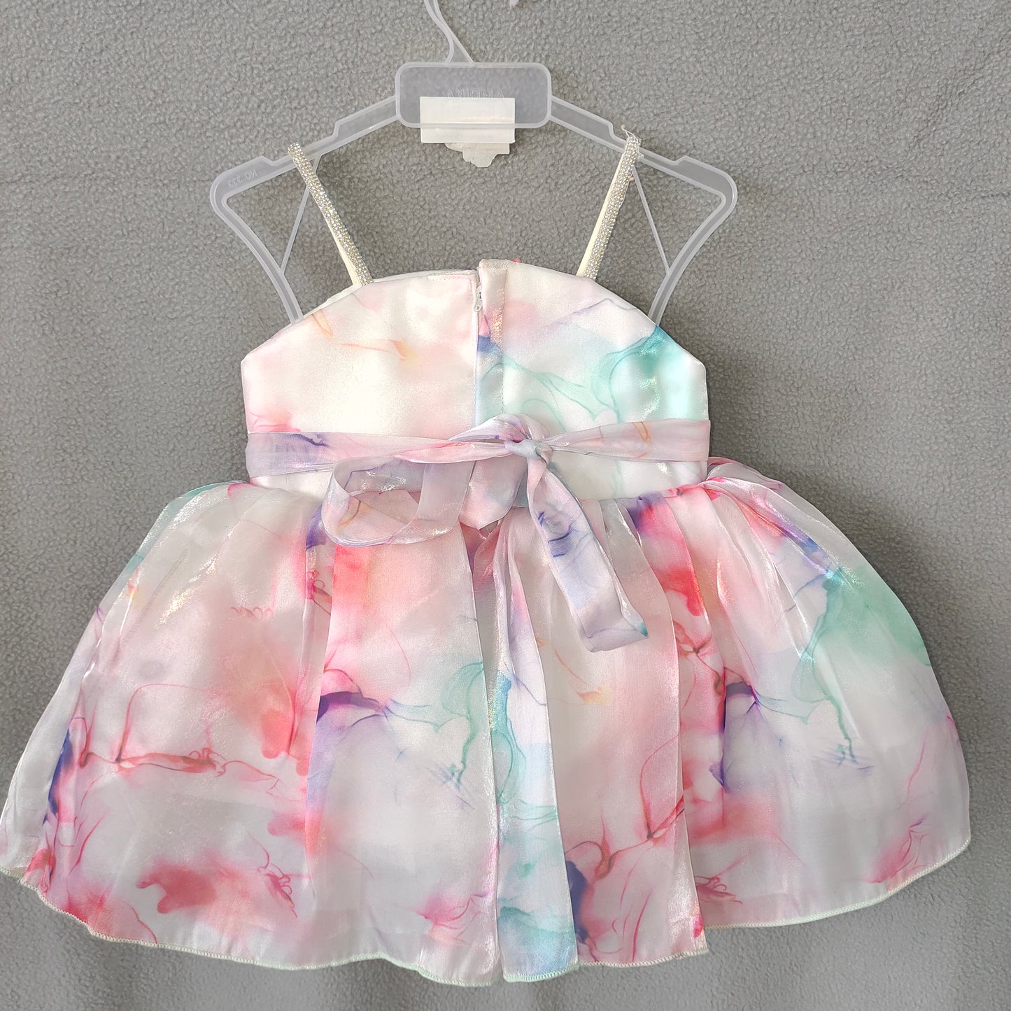 Pastel Rainbow Party Dress – Multicolor Satin Frock with Bow & Sparkle Straps | NewBorn
