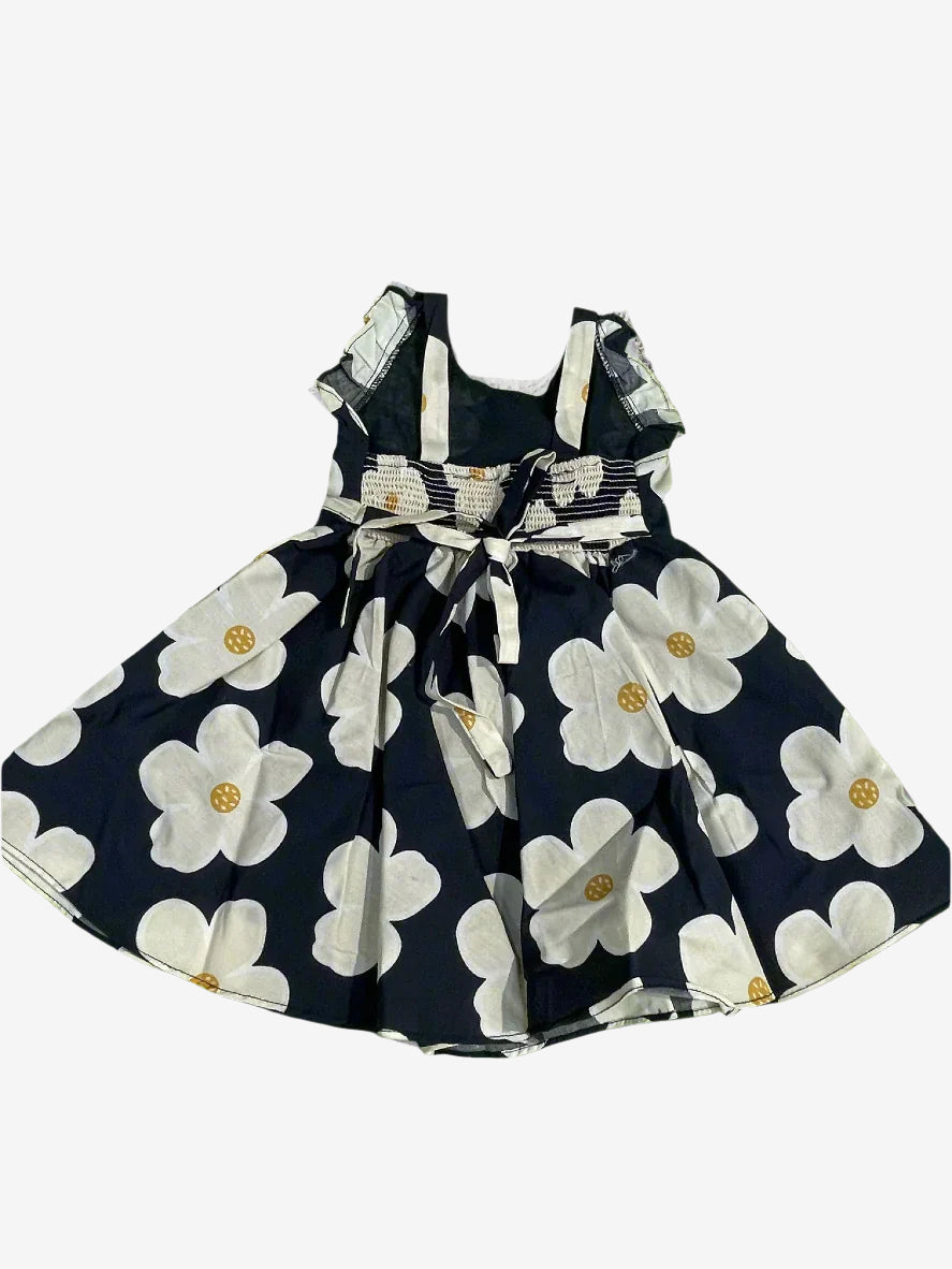 Floral dark navy blue background white flowers Cotton Frock