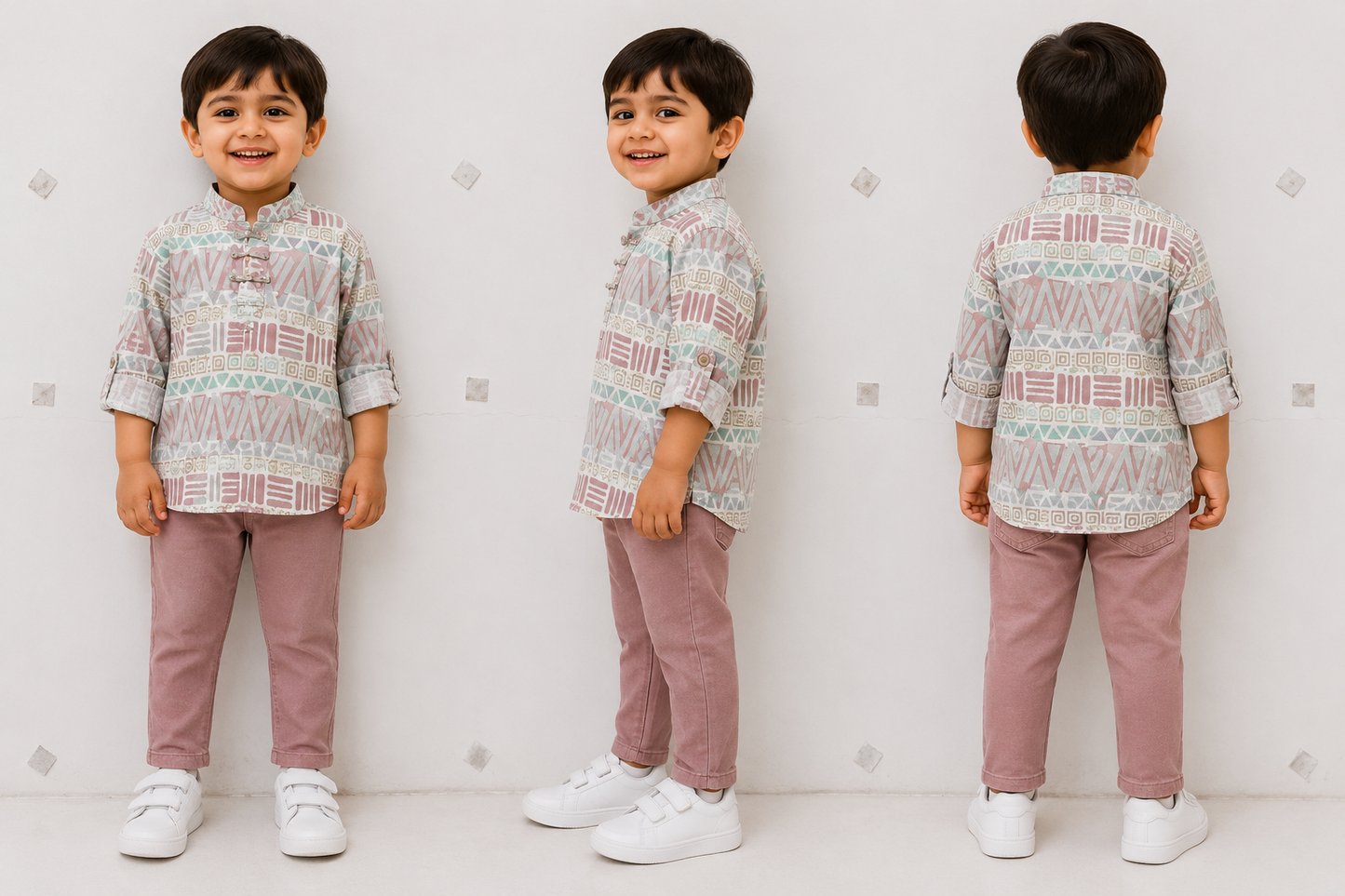 Boys Pastel Printed Ethnic Kurta with Pink Pant Set