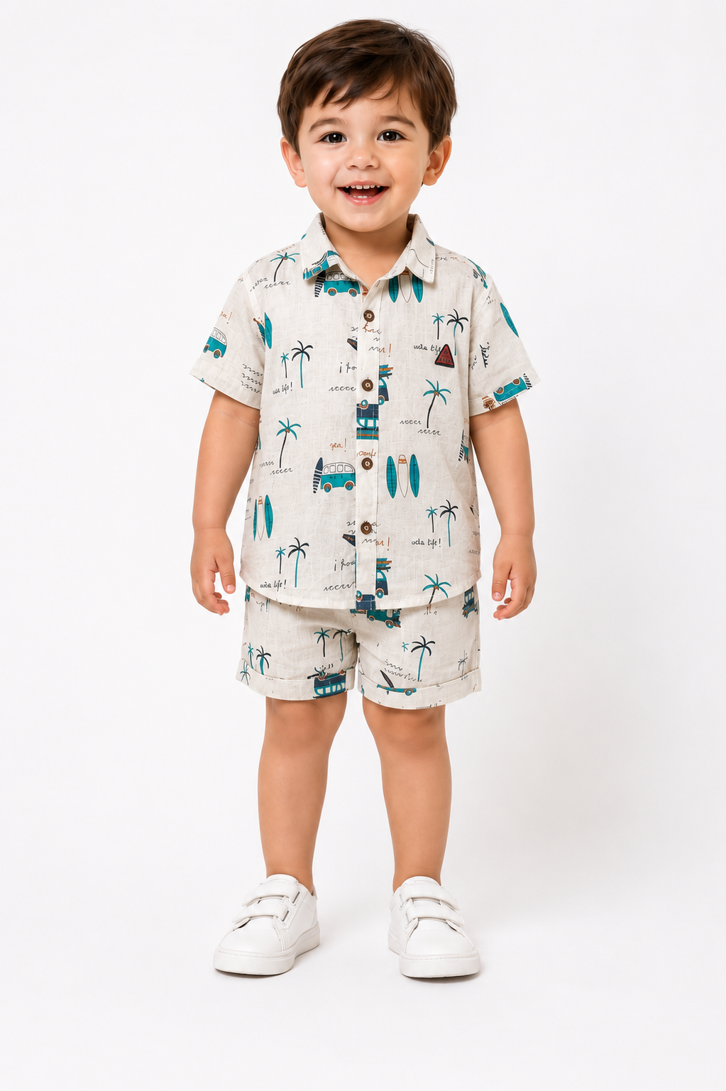 Boys Printed Shirt & T-Shirt with Shorts Clothing Set – Cream & Navy Blue (2-3 Years)