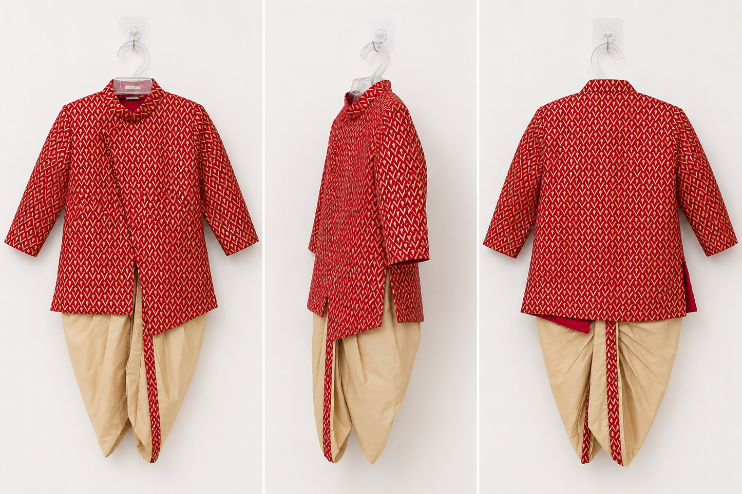 Boys Traditional Ethnic Wear Sherwani Kurta with Dhoti Pants Set | Red & Cream