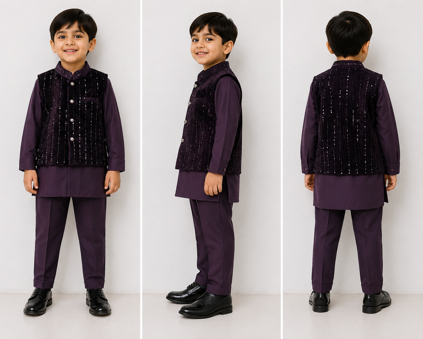 Boys Premium Ethnic Party Wear 3-Piece Kurta Set with Embroidered Velvet Jacket, Kurta & Trouser | Wine Purple