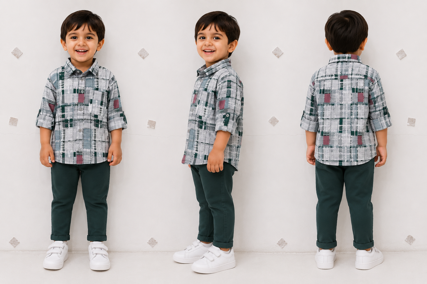 Boys Green Checked Full Sleeve Shirt & Trouser Set