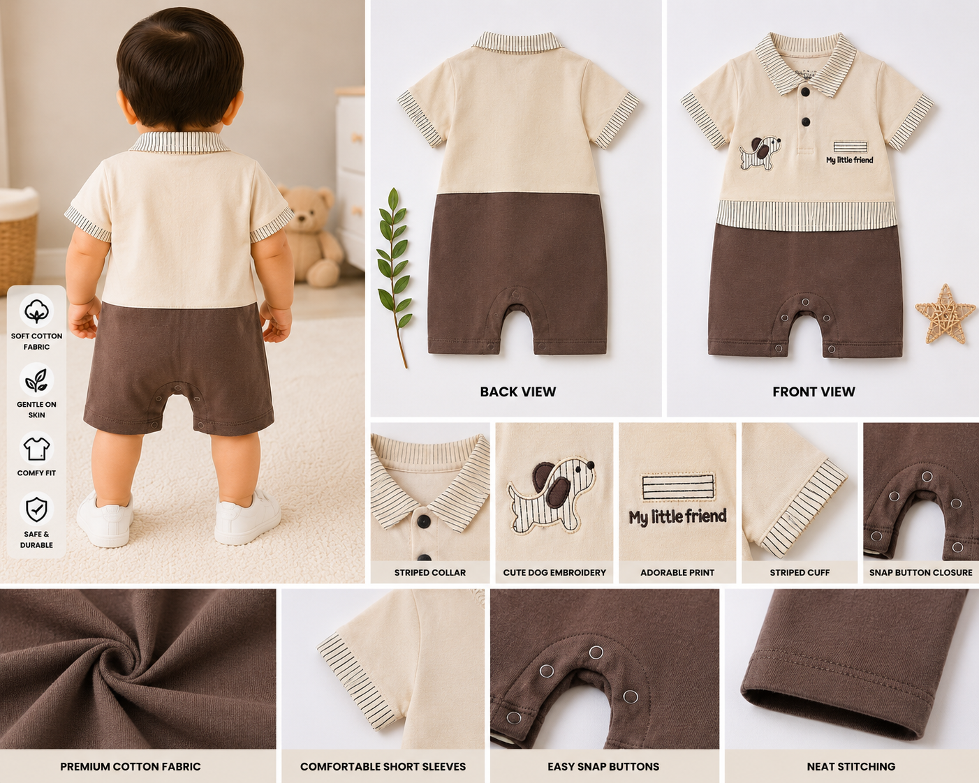 Baby Boys Cotton Polo Romper – Cream & Brown | 6-9 Months