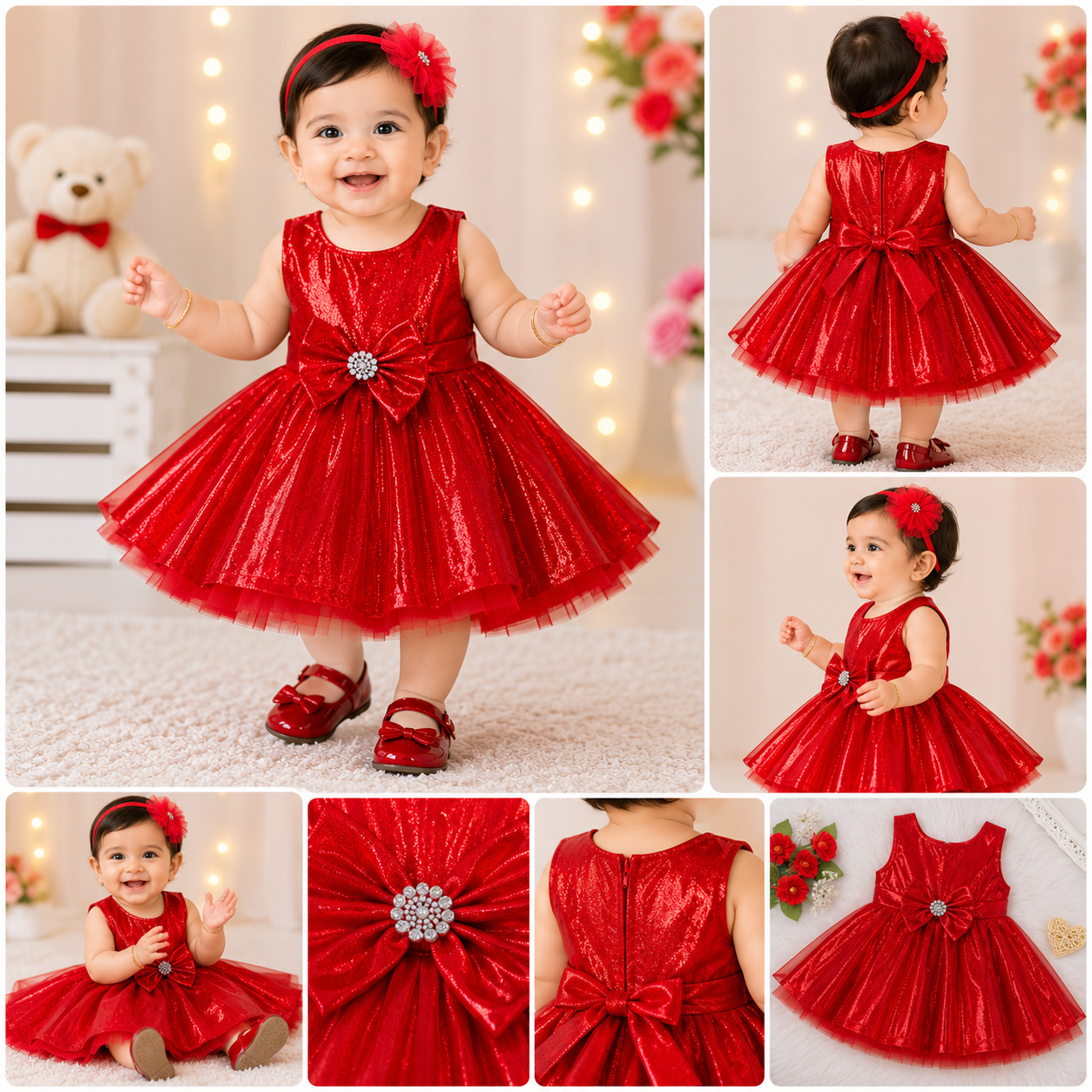 Red Metallic Princess Party Dress for Girls | Sleeveless Flared Occasion Wear
