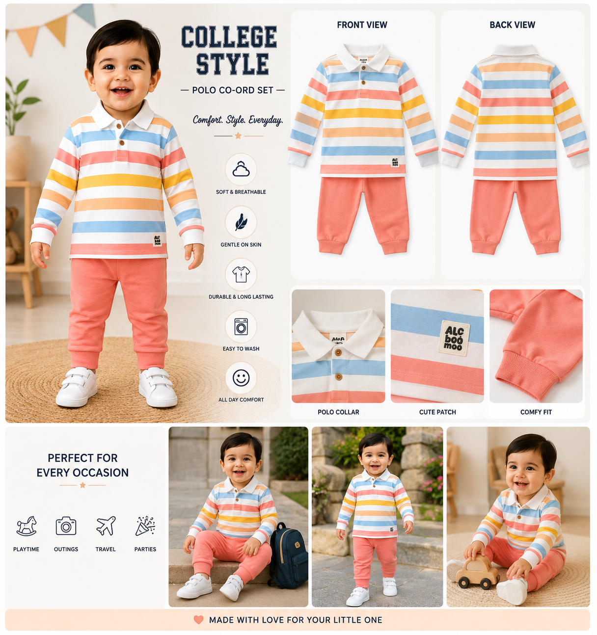 Little Mee Multicolor Striped Polo T-Shirt & Jogger Set