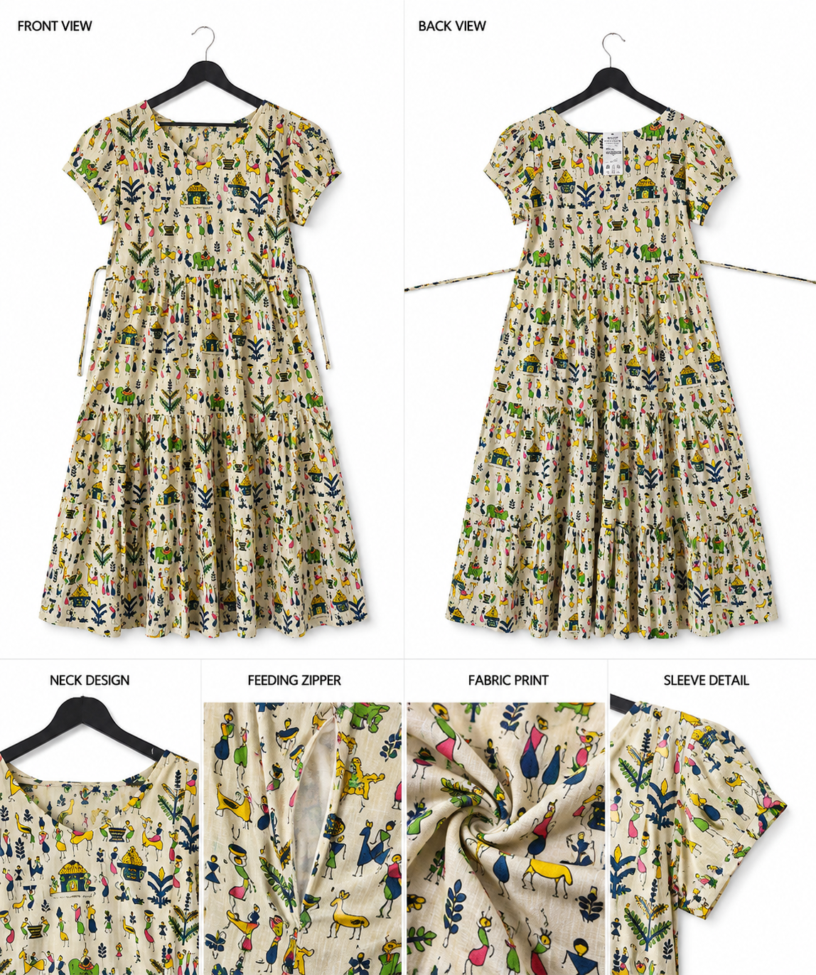Women's Printed Maternity & Feeding Maxi Dress | Ethnic Folk Print Nursing Gown