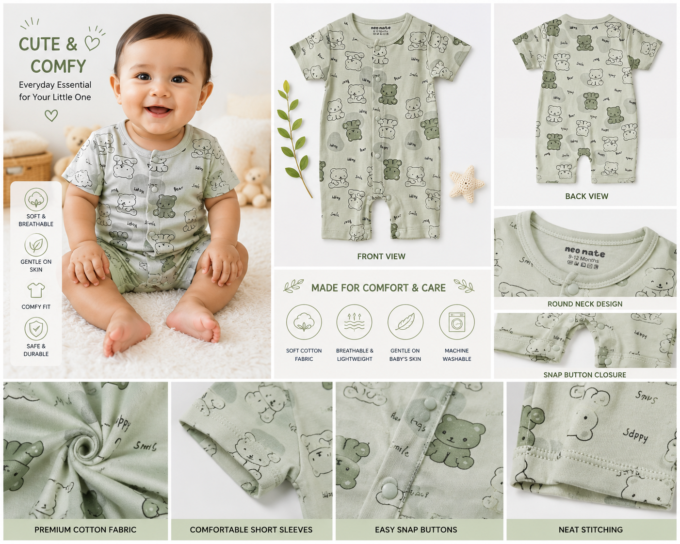 Baby Bear Print Cotton Romper