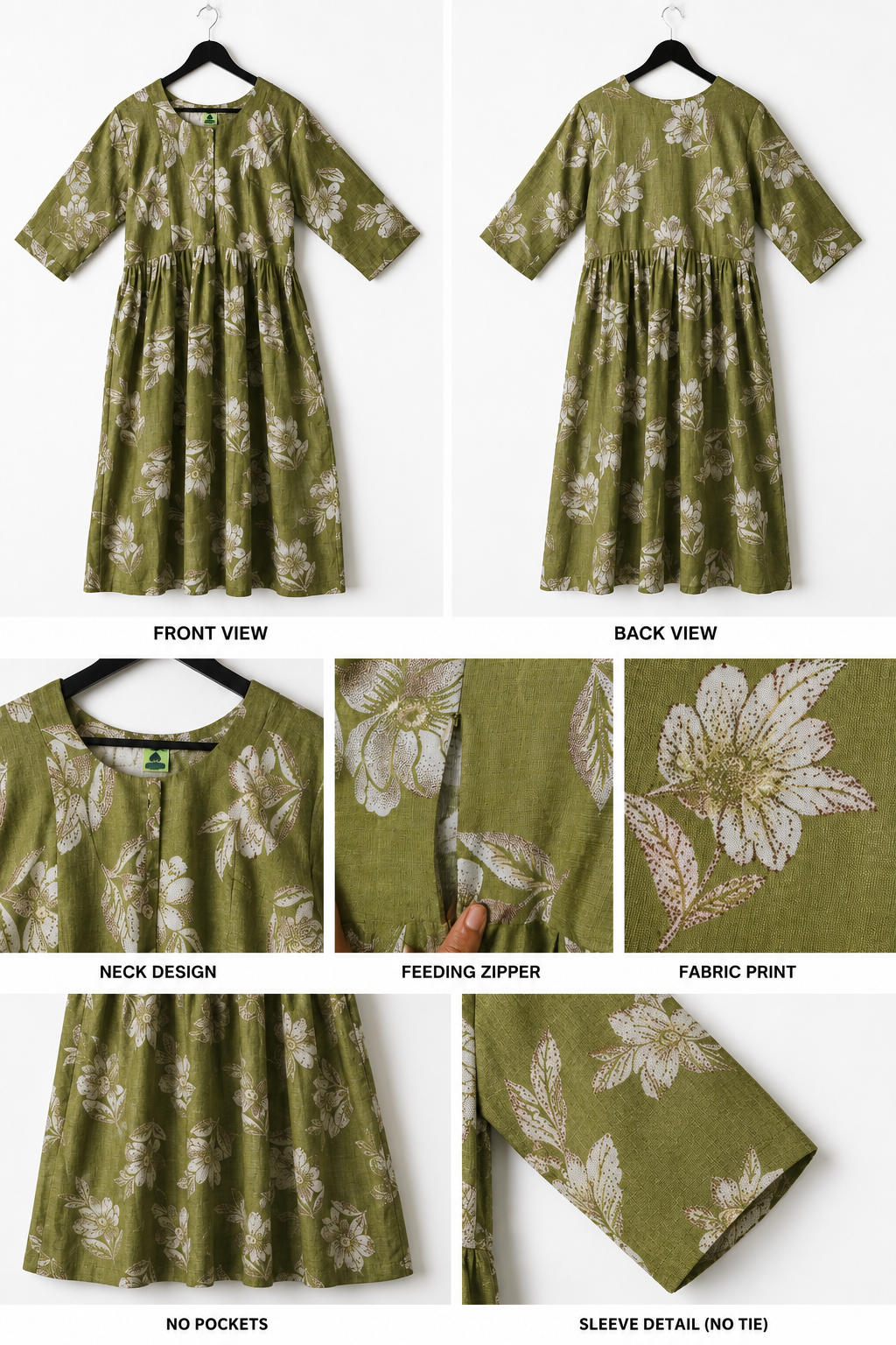 Women's Olive Green Floral Maternity & Feeding Dress | Nursing Dress with Concealed Feeding Zipper
