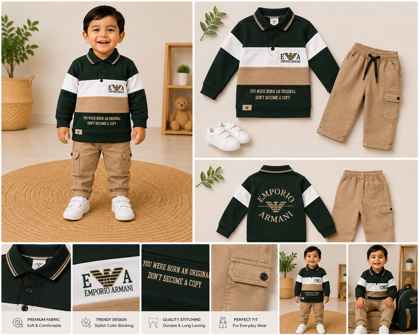 Boys Premium Dark Green Polo T-Shirt & Cargo Pants Set