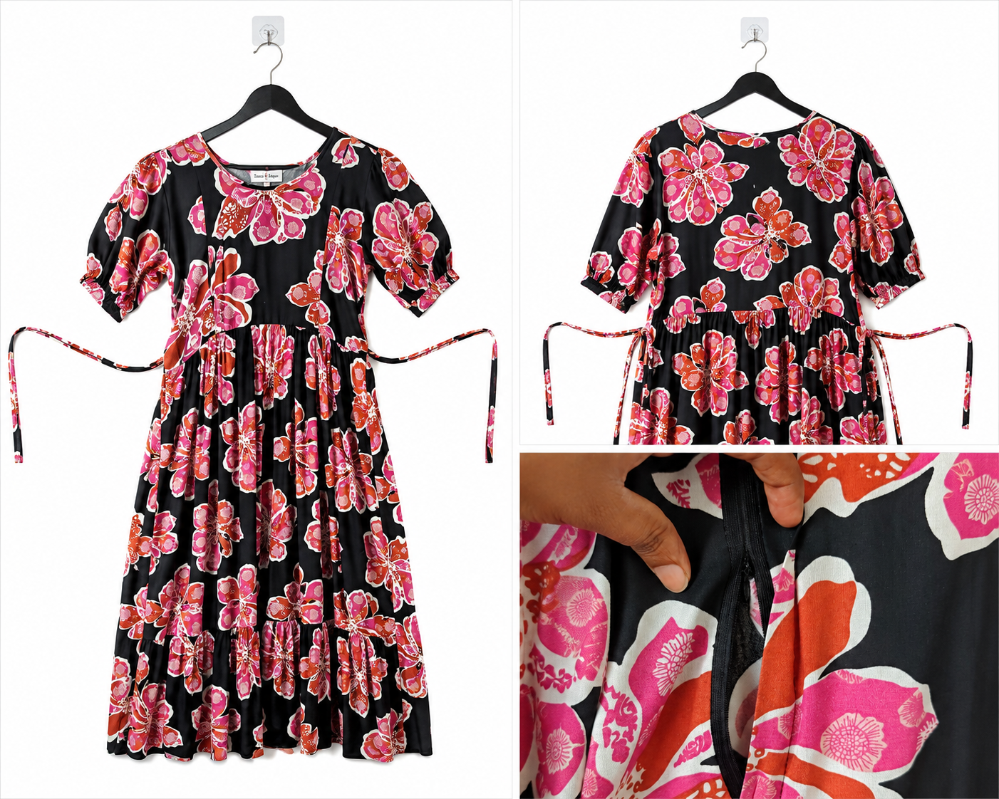 Women's Black Floral Maternity & Feeding Dress | Nursing Dress with Side Waist Tie-Ups | M