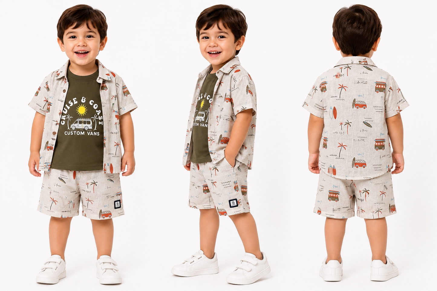 Boys Cruise & Coast Printed Shirt, T-Shirt & Shorts Set – Cream & Olive Green (2-3 Years)