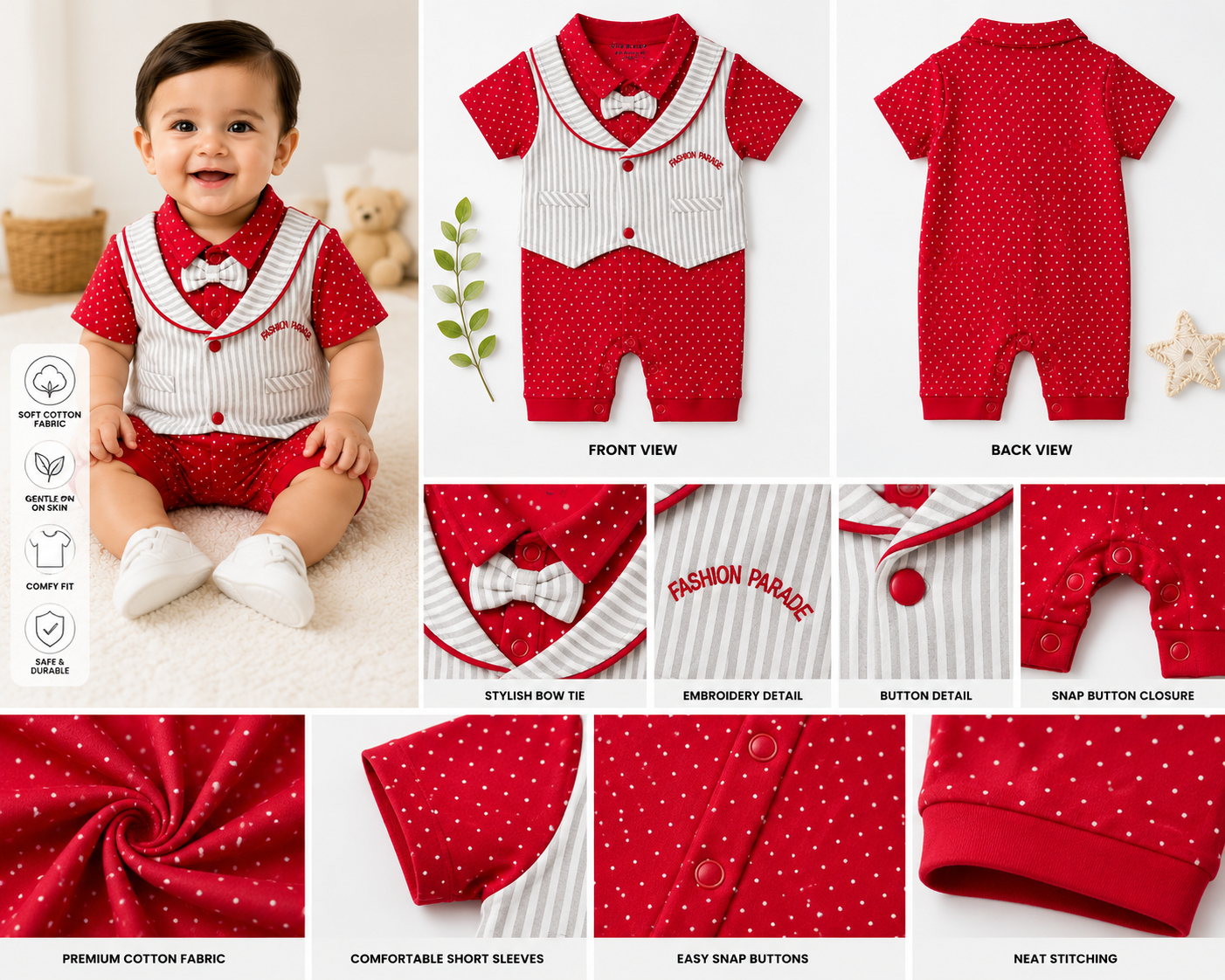 Baby Gentleman Cotton Romper with Bow Tie