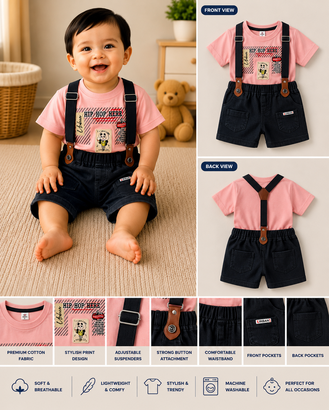 Baby Boys Hip Hop Graphic T-Shirt & Charcoal Suspender Shorts Set