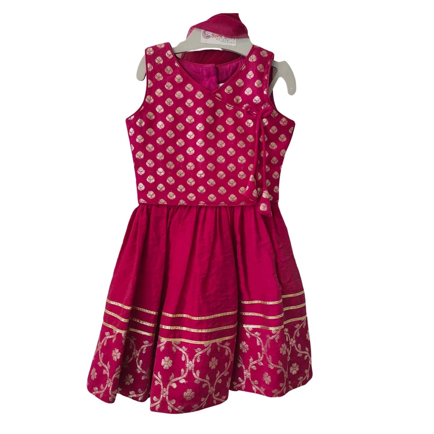 Magenta Ethnic Party Wear Frock for Baby Girls with Golden Motifs
