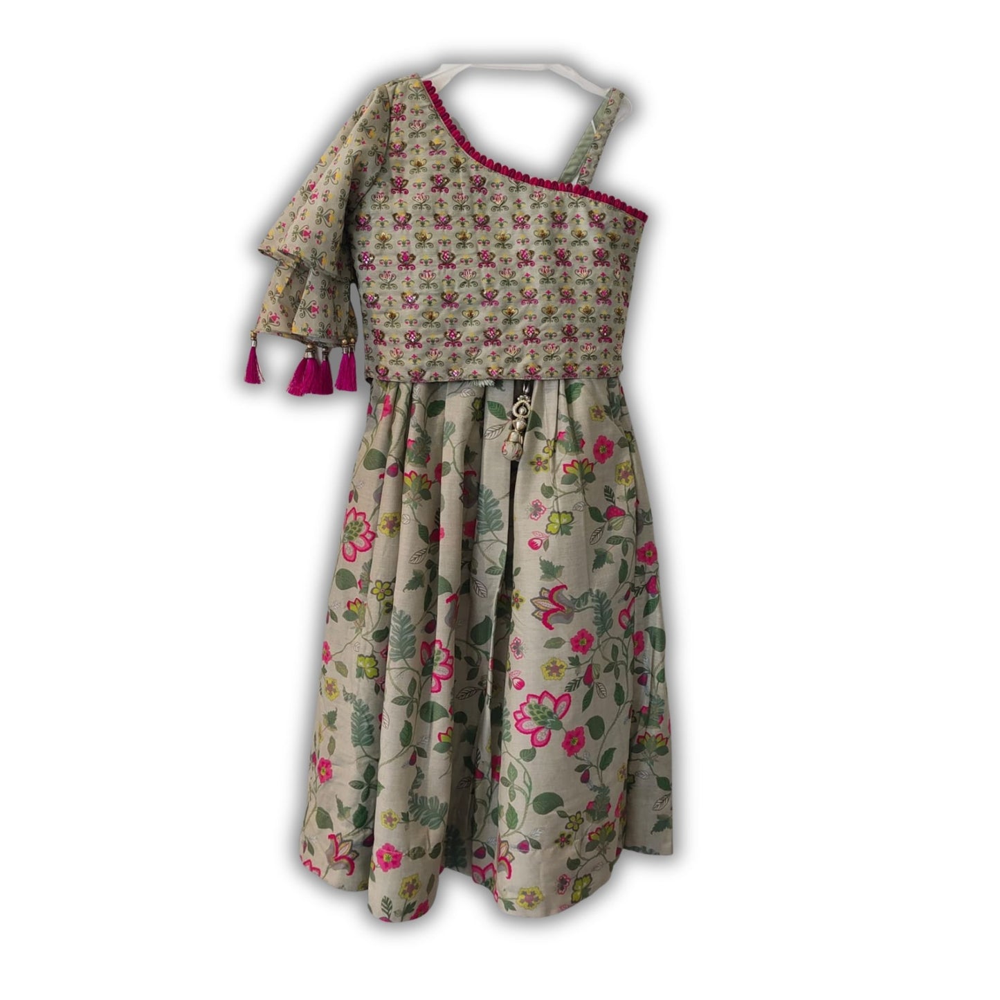 Floral One-Shoulder Ethnic Dress for Baby Girls with Tassel Detail