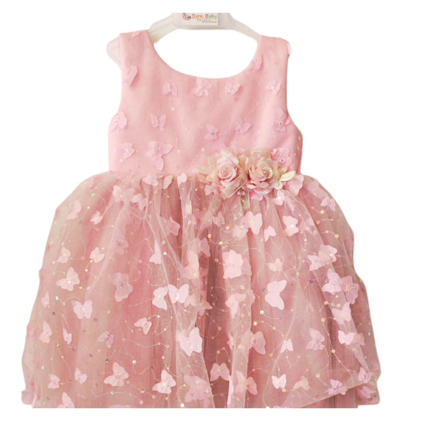 Blush Pink Butterfly Net Party Wear Frock for Baby Girls with Floral Waist Detail