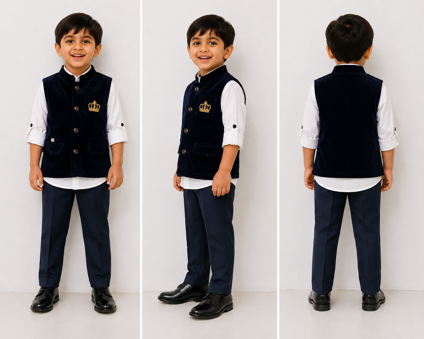 Boys Premium Party Wear 3-Piece Suit Set with Velvet Waistcoat, Full Sleeve Shirt & Formal Trouser | Navy Blue & White