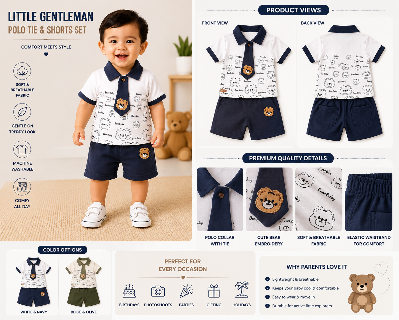 Baby Boys Bear Print Polo T-Shirt & Shorts Set