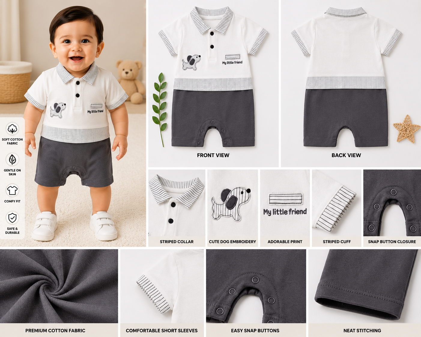 Baby Boys Cotton Polo Romper – White & Grey