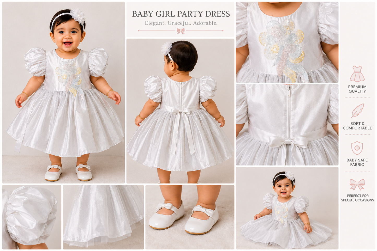 Girls White Puff Sleeve Party Dress with Floral Appliqué
