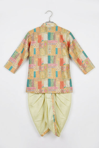 Boys’ Multicolor Printed Kurta with Cream Dhoti Set