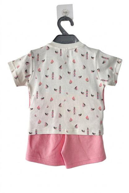 Baby Girl Pink Shorts Set with Bow Tie & Sailboat Print T-Shirt